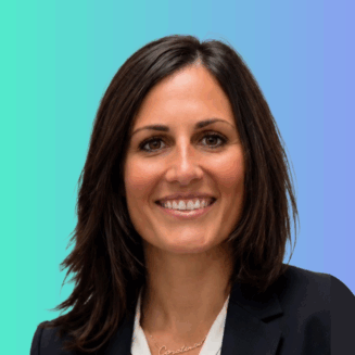 Constance Tullis, LMSW Professional headshot of smiling woman with dark hair wearing black blazer and white shirt against blue and teal gradient background.