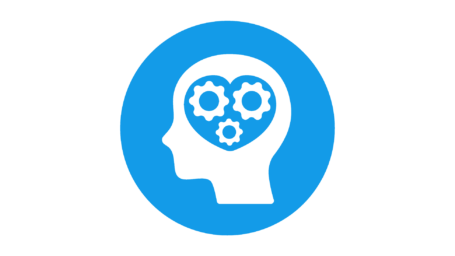 Blue logo with the sillouhette of a head with heart-shaped gears inside. 